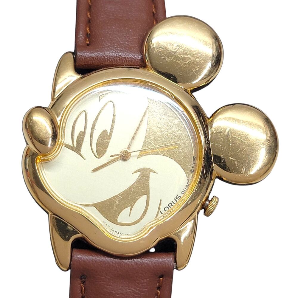 Vtg Disney Mickey Mouse 3D Ears Lorus Watch V401-5700 Gold Tone New Battery